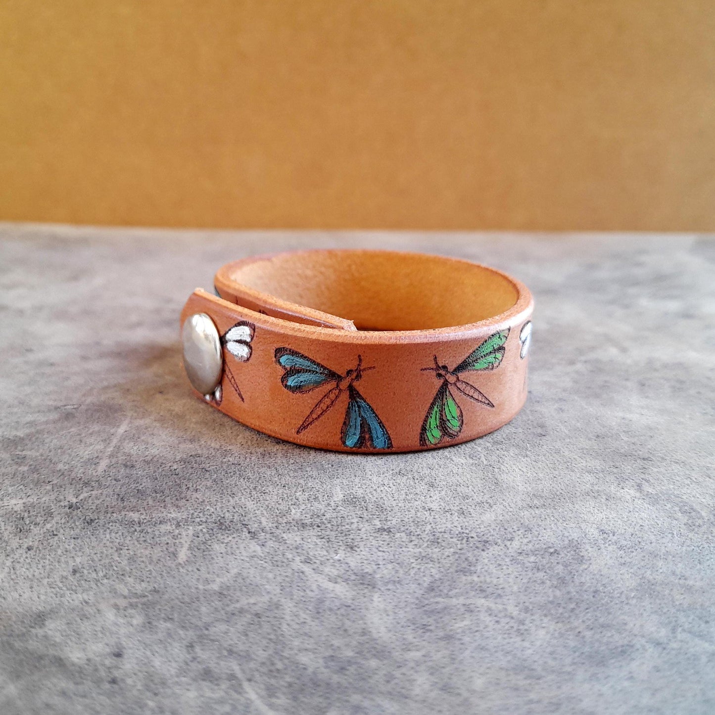 Hand Painted Dragonfly Leather Bracelet