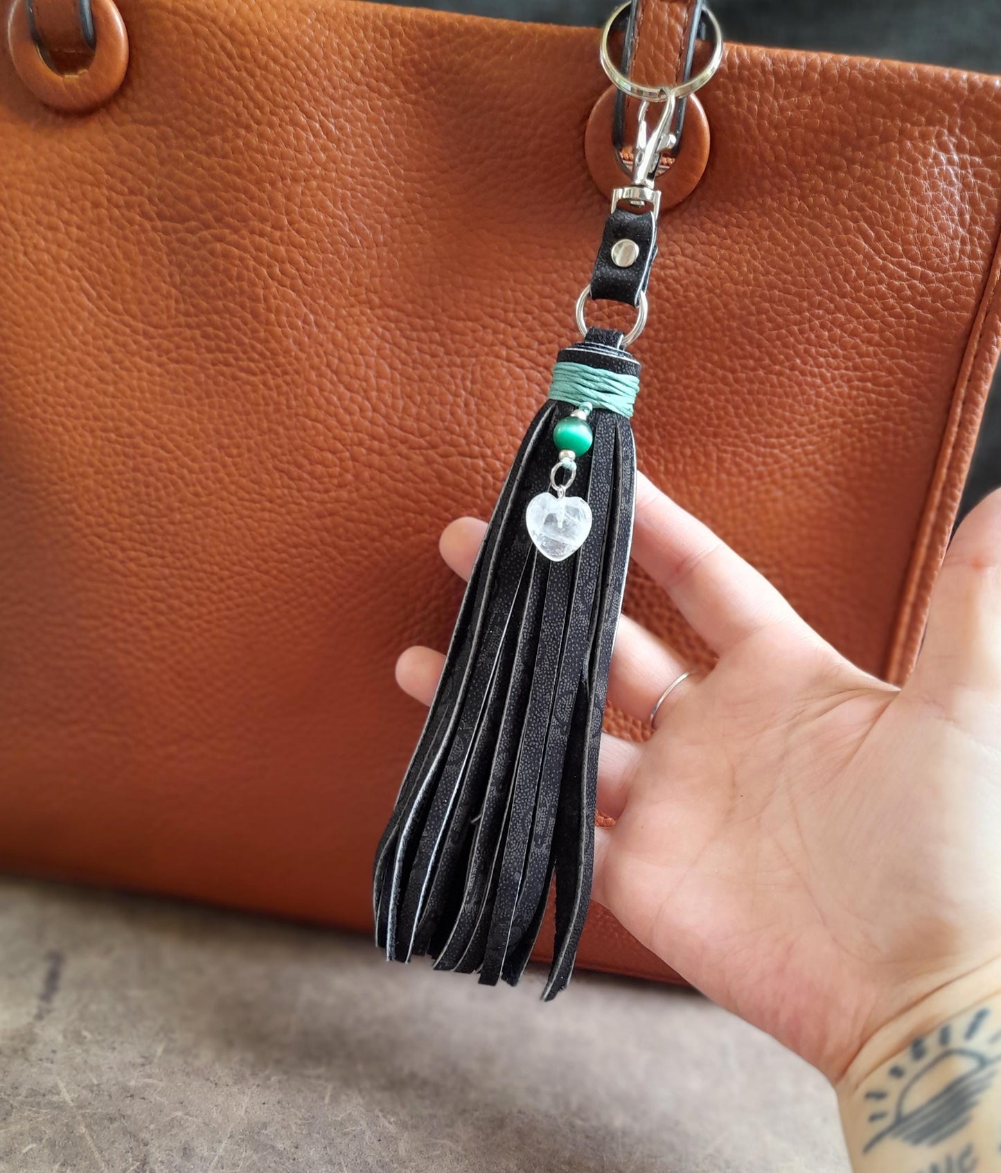 Black Leather Tassel Bag Charm | Moonstone Heart Pendant