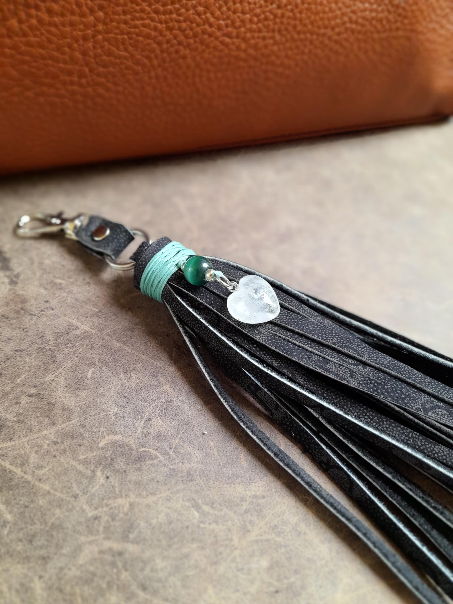 Black Leather Tassel Bag Charm | Moonstone Heart Pendant