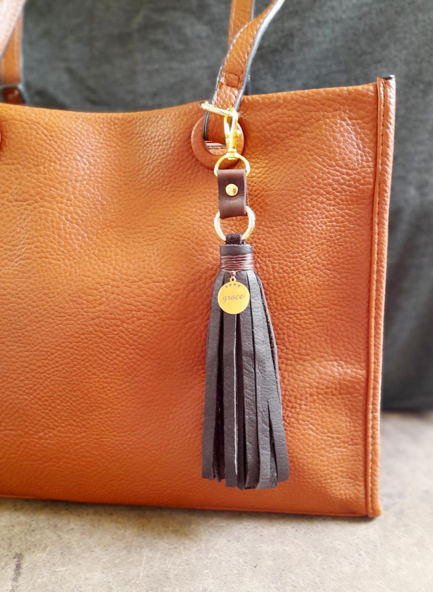 Leather Tassel Bag Charm with Gold Grace Pendant, Brown/Black