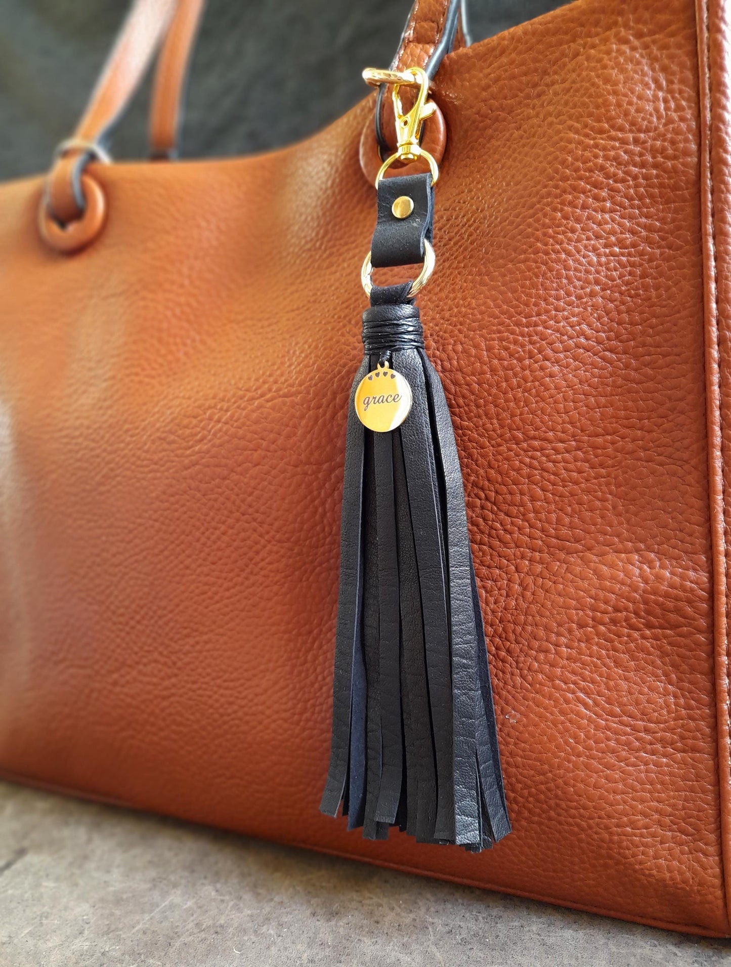 Leather Tassel Bag Charm with Gold Grace Pendant, Brown/Black