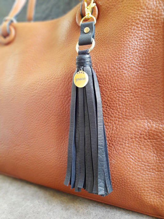 Leather Tassel Bag Charm with Gold Grace Pendant, Brown/Black