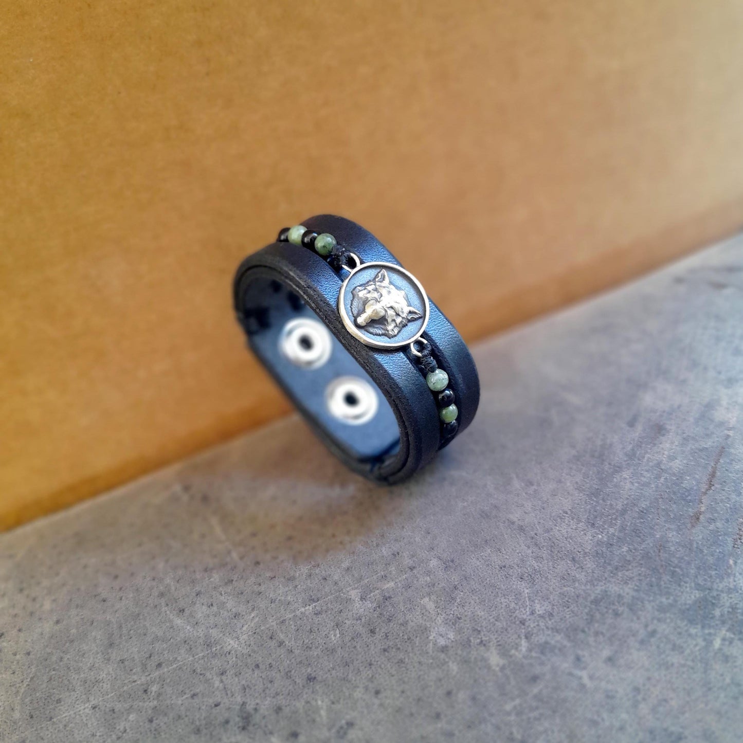 Black Leather Bracelet with Lone Wolf Pendant and Onyx