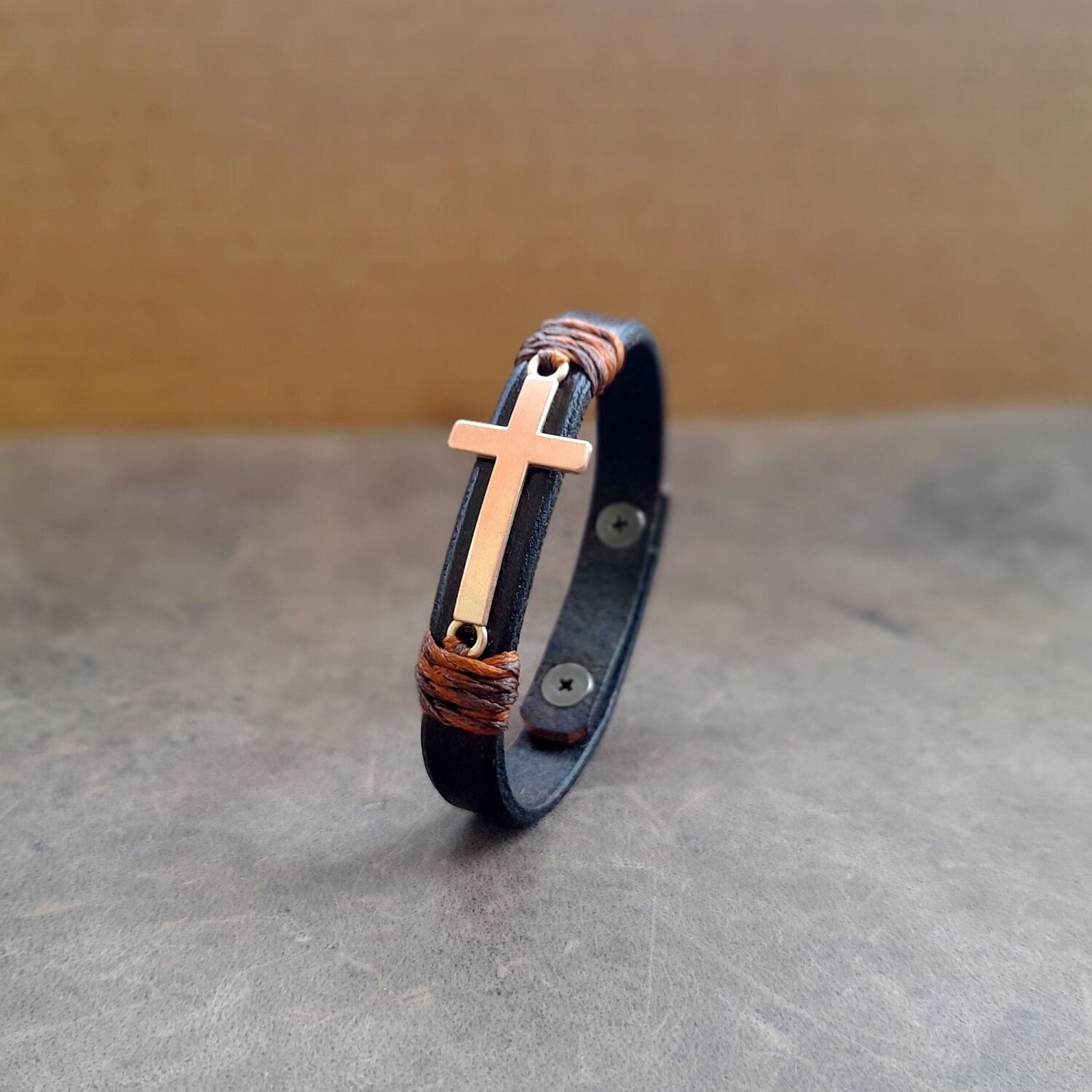 Chestnut leather bracelet with rose gold horizontal cross centerpiece