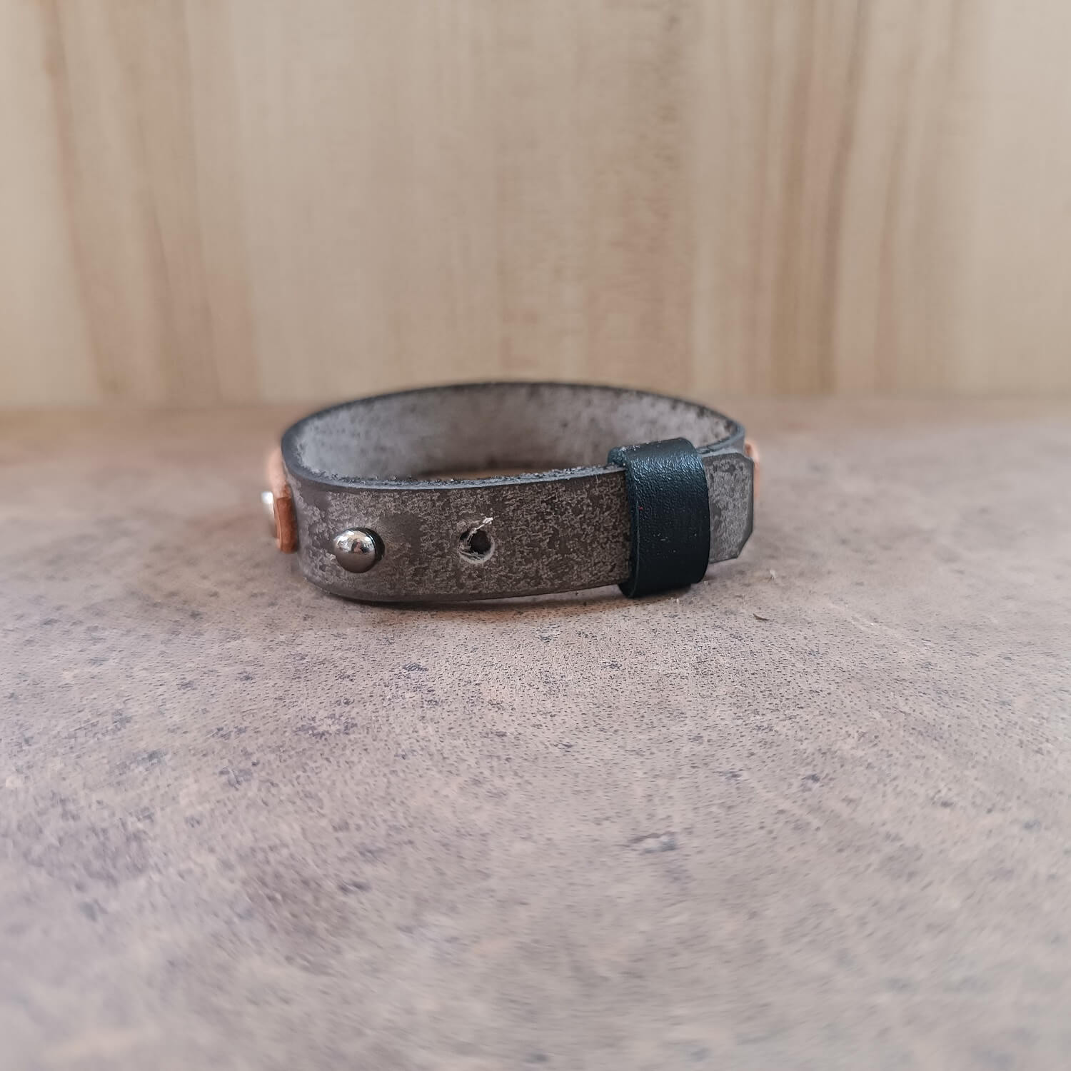 backside view of the light and shadoew layered leather bracelet