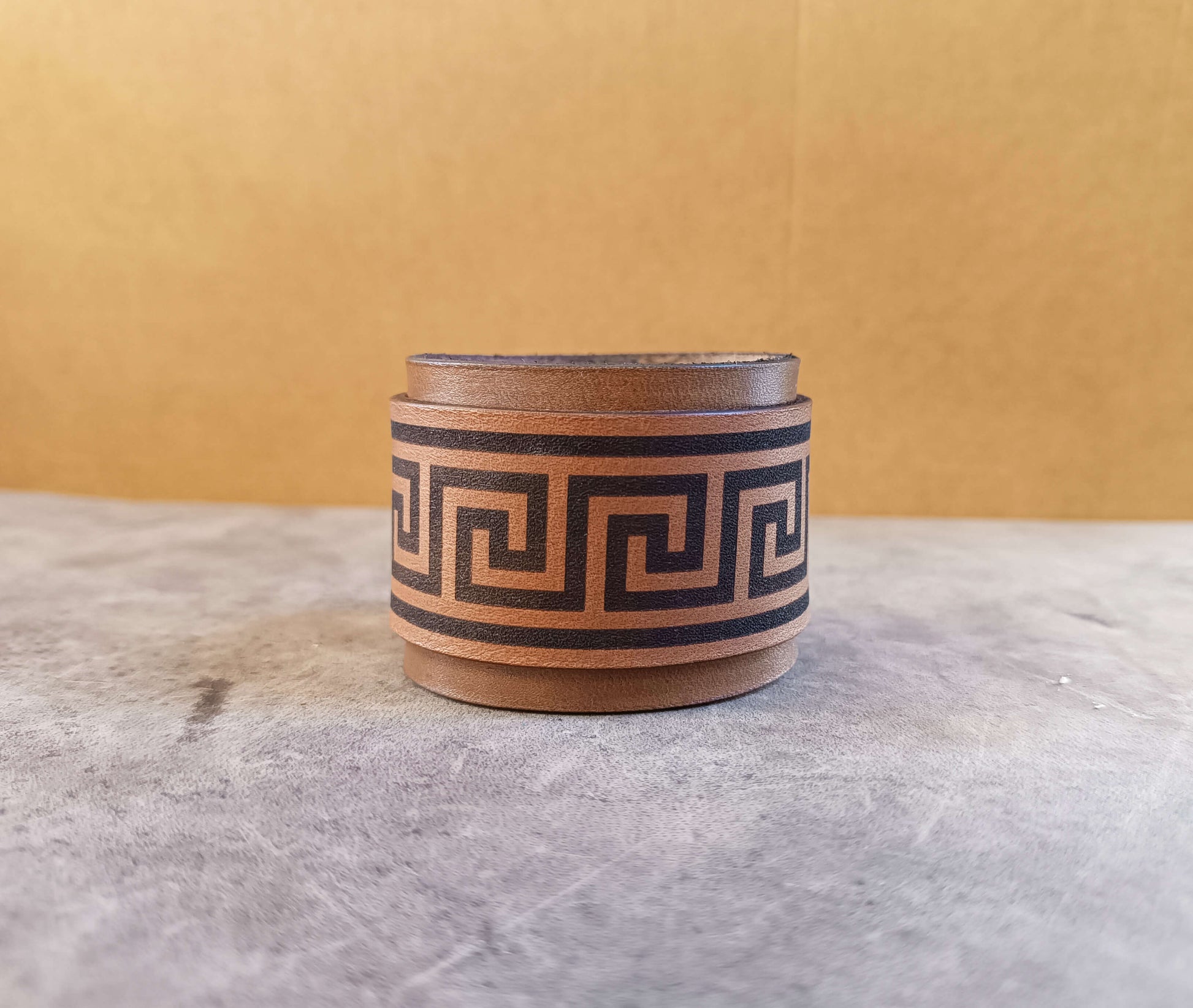 extra wide meander leather cuff front view