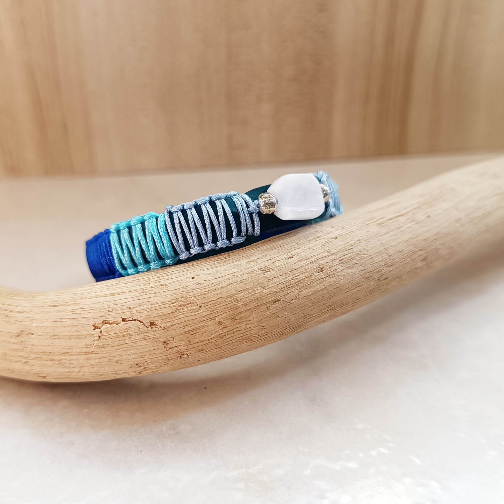 blue leather bracelet with moonstone and blue ues macrame close up