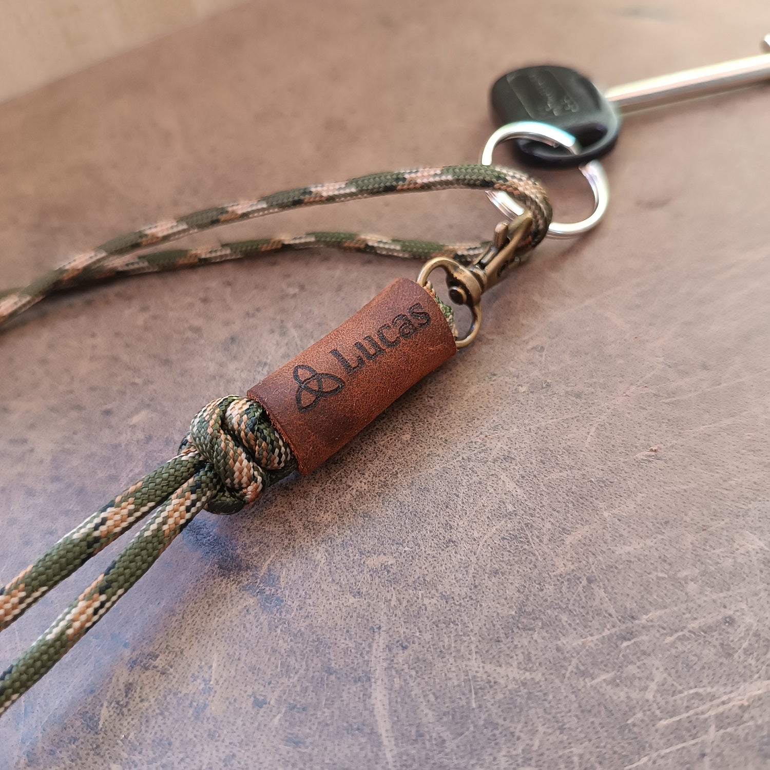 Close-up of Crazy Horse Leather Tab with Engraved Name