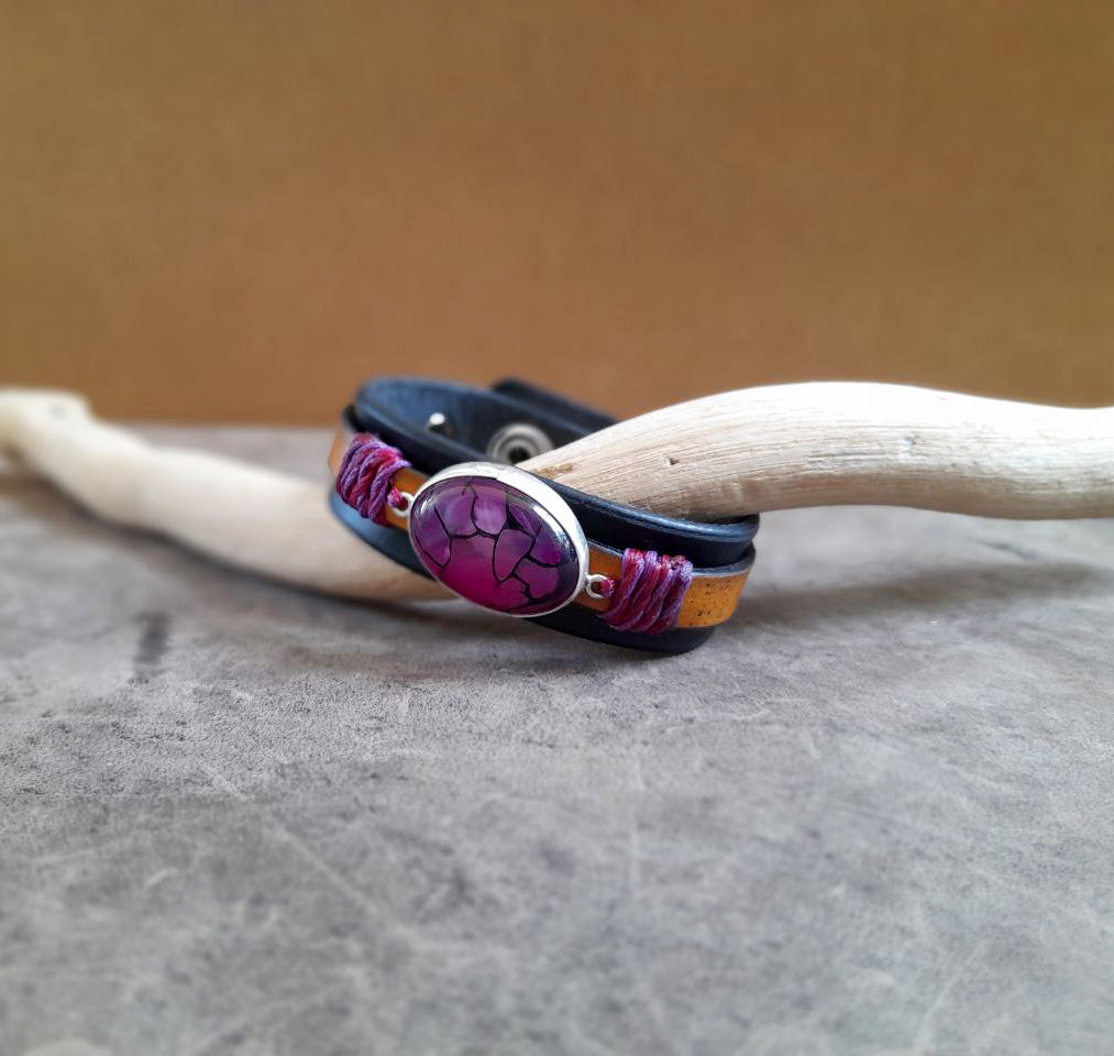 Natural Purple Dragon Veins Leather Bracelet, Silver 925