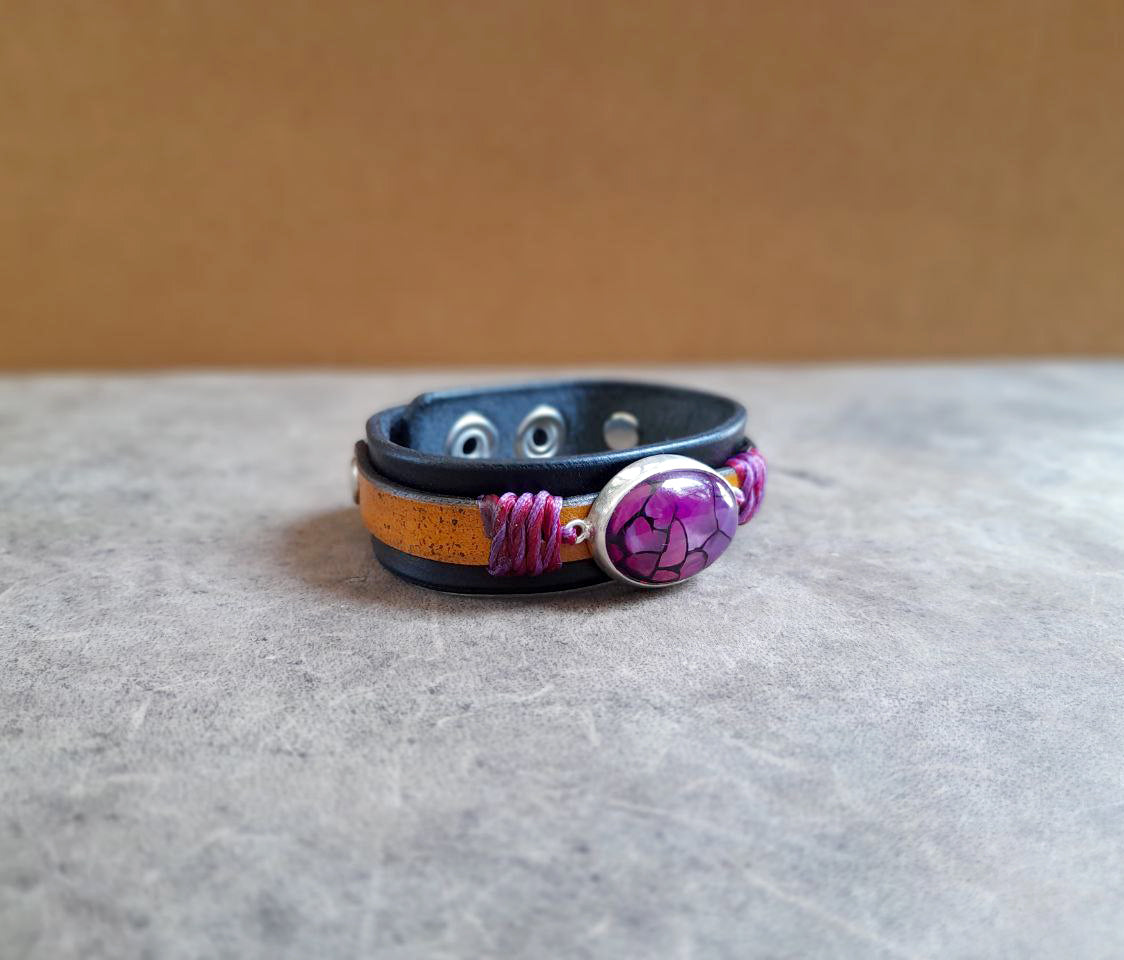 Natural Purple Dragon Veins Leather Bracelet, Silver 925