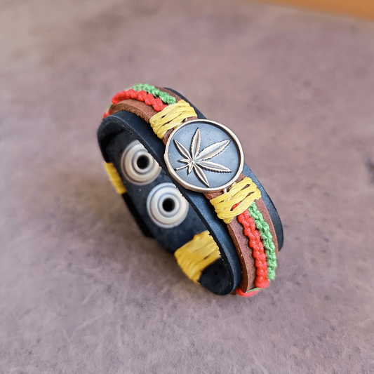 rasta leather bracelet with jamaican colors macrame and leaf pendant