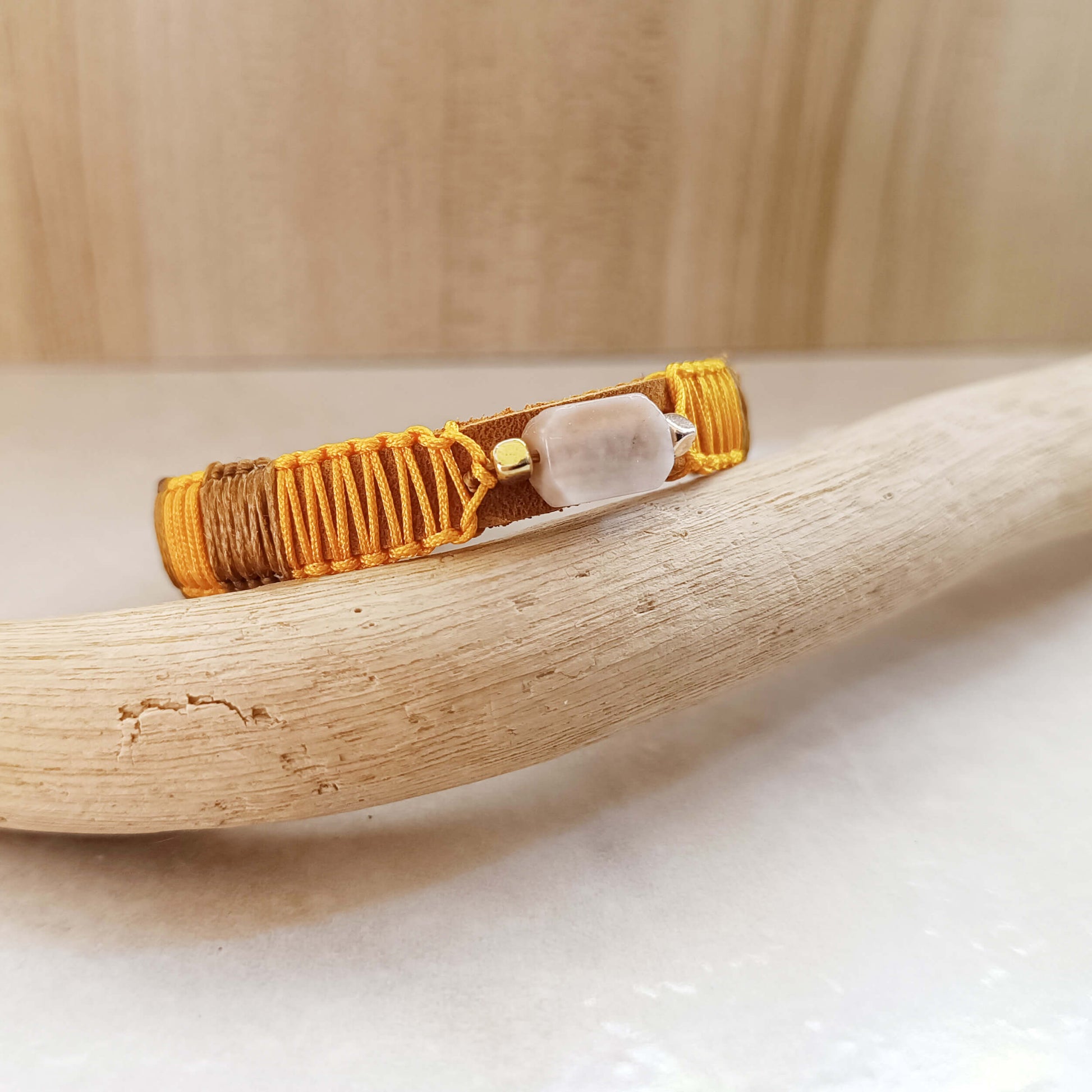 brown leather bracelet with yellow macrame and sunstone