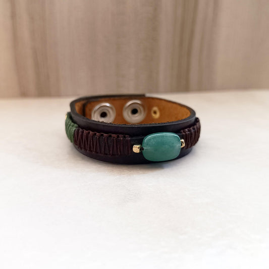 Green Aventurine leather cuff for men, front side view close up