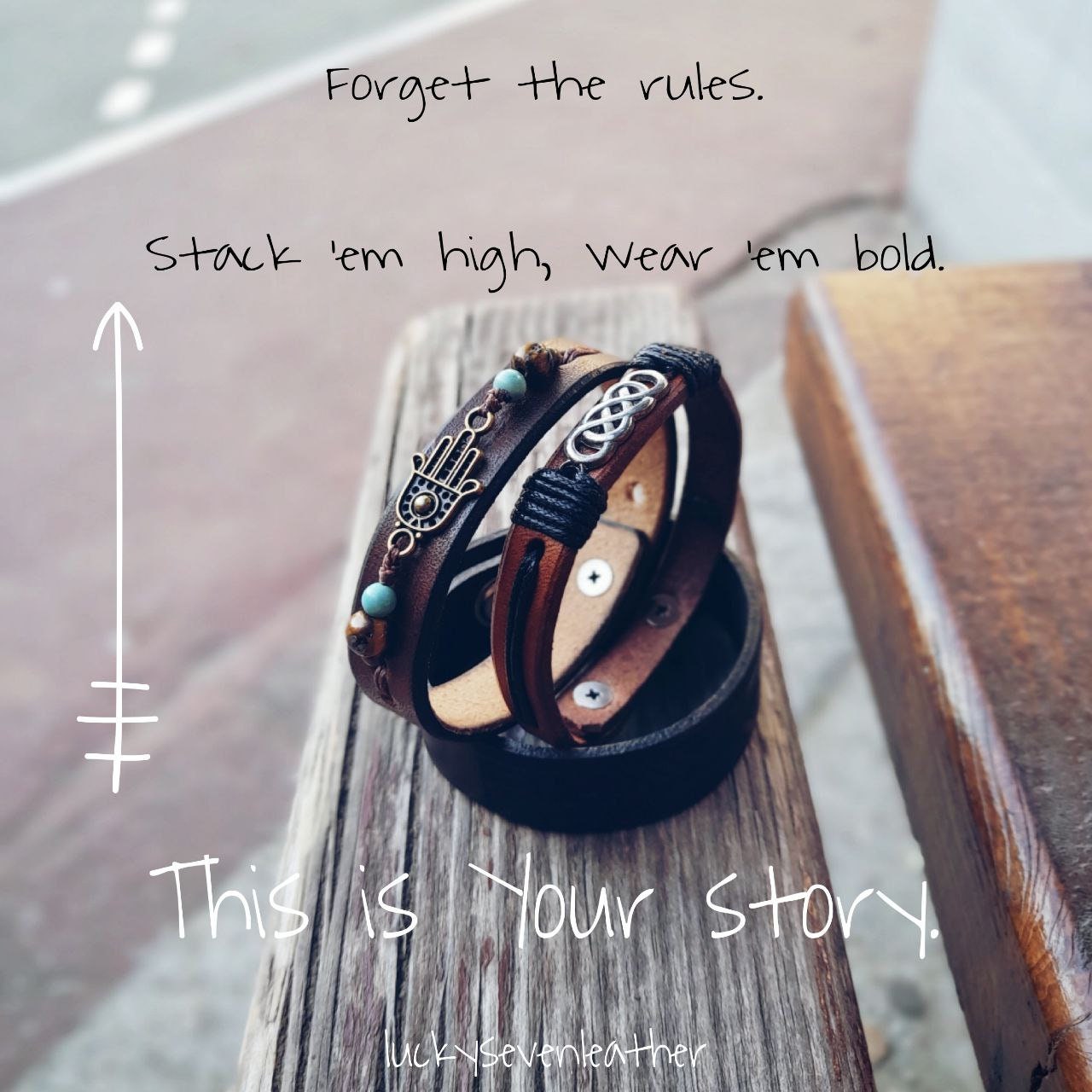 the hamsa hand bracelet and a celtic bracelet on a wooden bench.