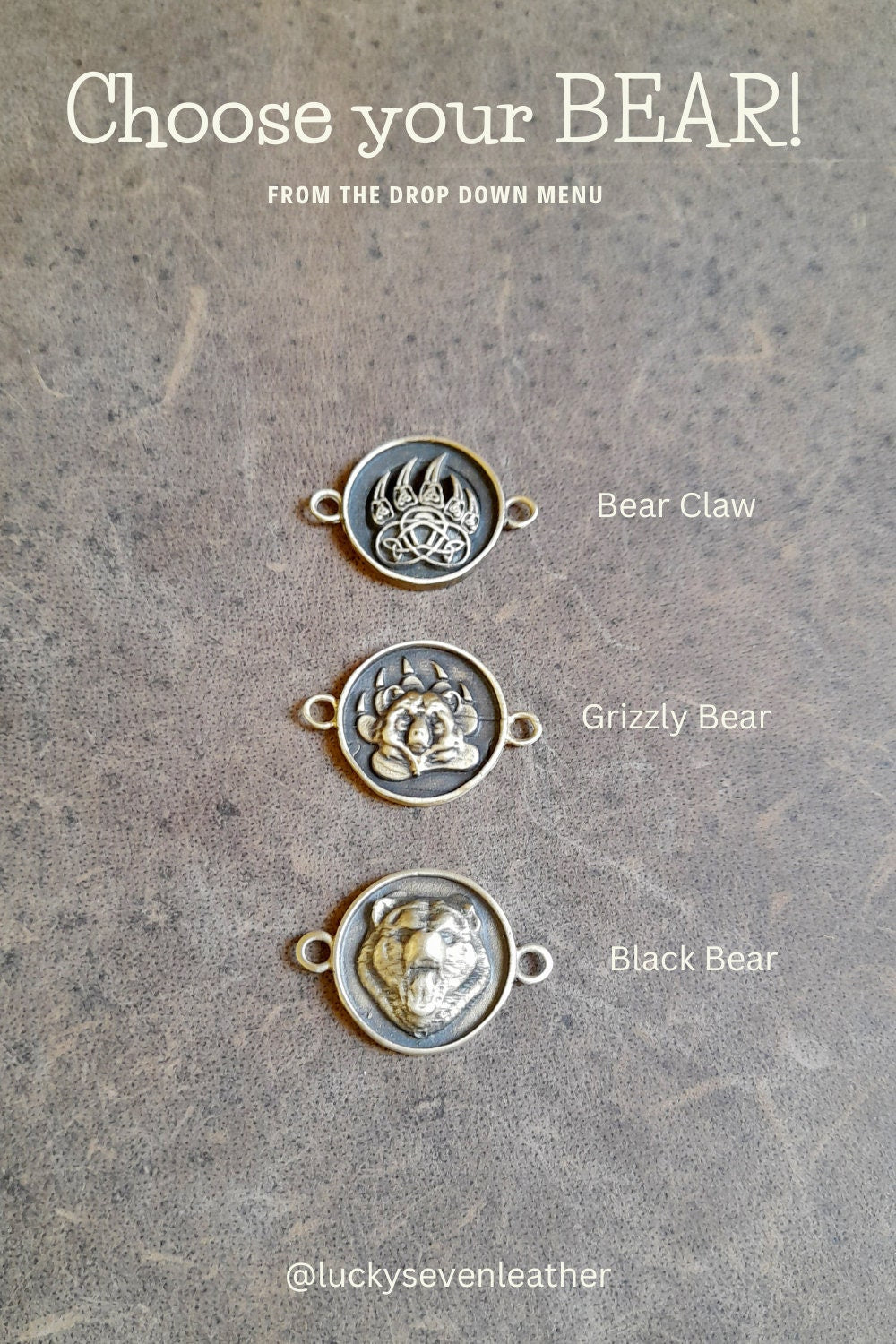 A clear display of the three available oxidized brass bear pendants: Roaring Black Bear, Calm Grizzly Bear, and Tribal Bear Claw, showcasing their unique depth, polished silverish/gold hues, and tarnish-resistant finish.
