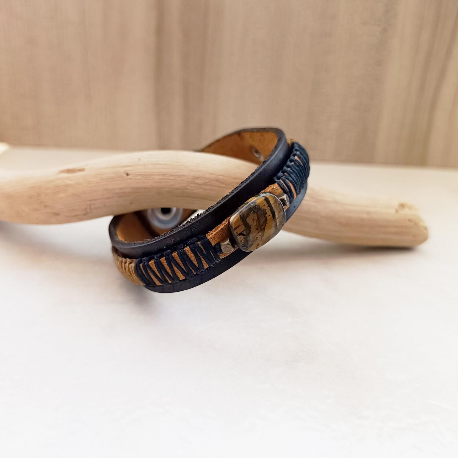 Tiger’s Eye leather bracelet for men with bronze detail and black macrame on driftwood