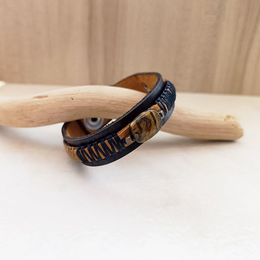 Tiger’s Eye leather bracelet for men with bronze detail and black macrame on driftwood