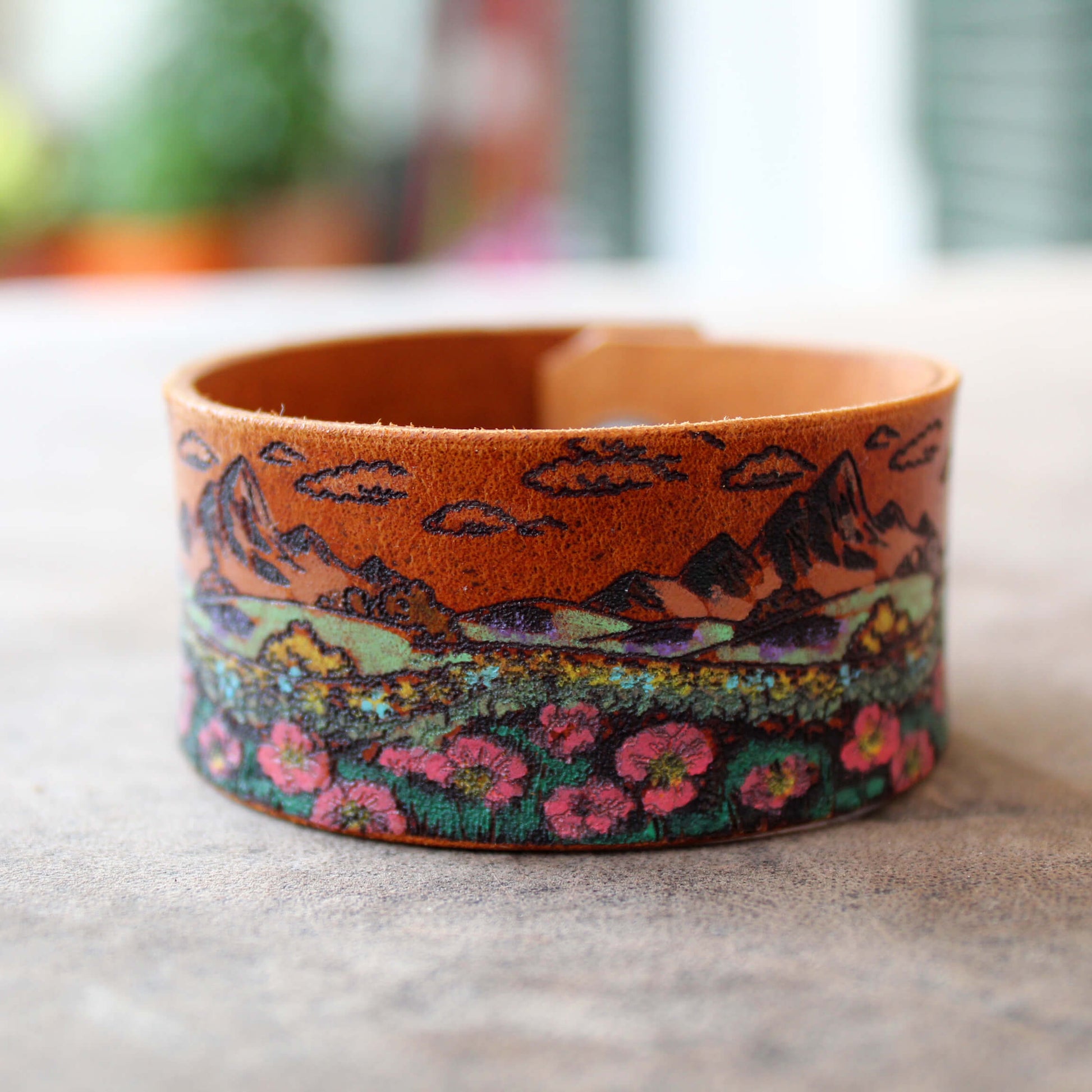 mountains and wildflowers cuff front view