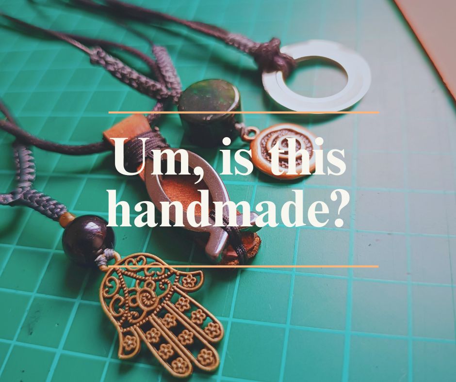 close up shot of my workbench with handmade leather necklaces and overlay text