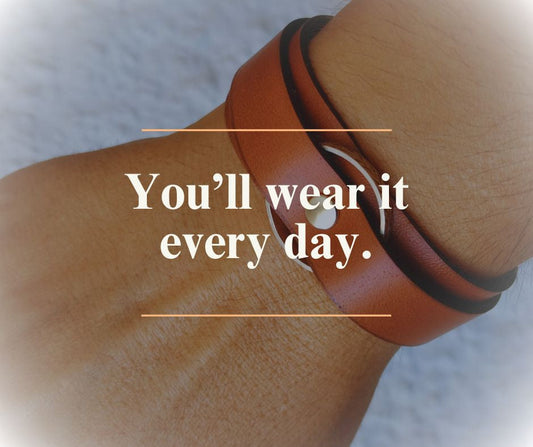 close up shot of a wrist wearing a ring holder leather bracelet and overlay text