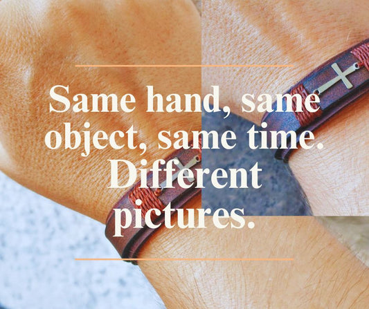 close up shot of two pictures side by side, showing the same hand wearing the same bracelet, but the pictures are taken against different background. The result is that the pictures look different.