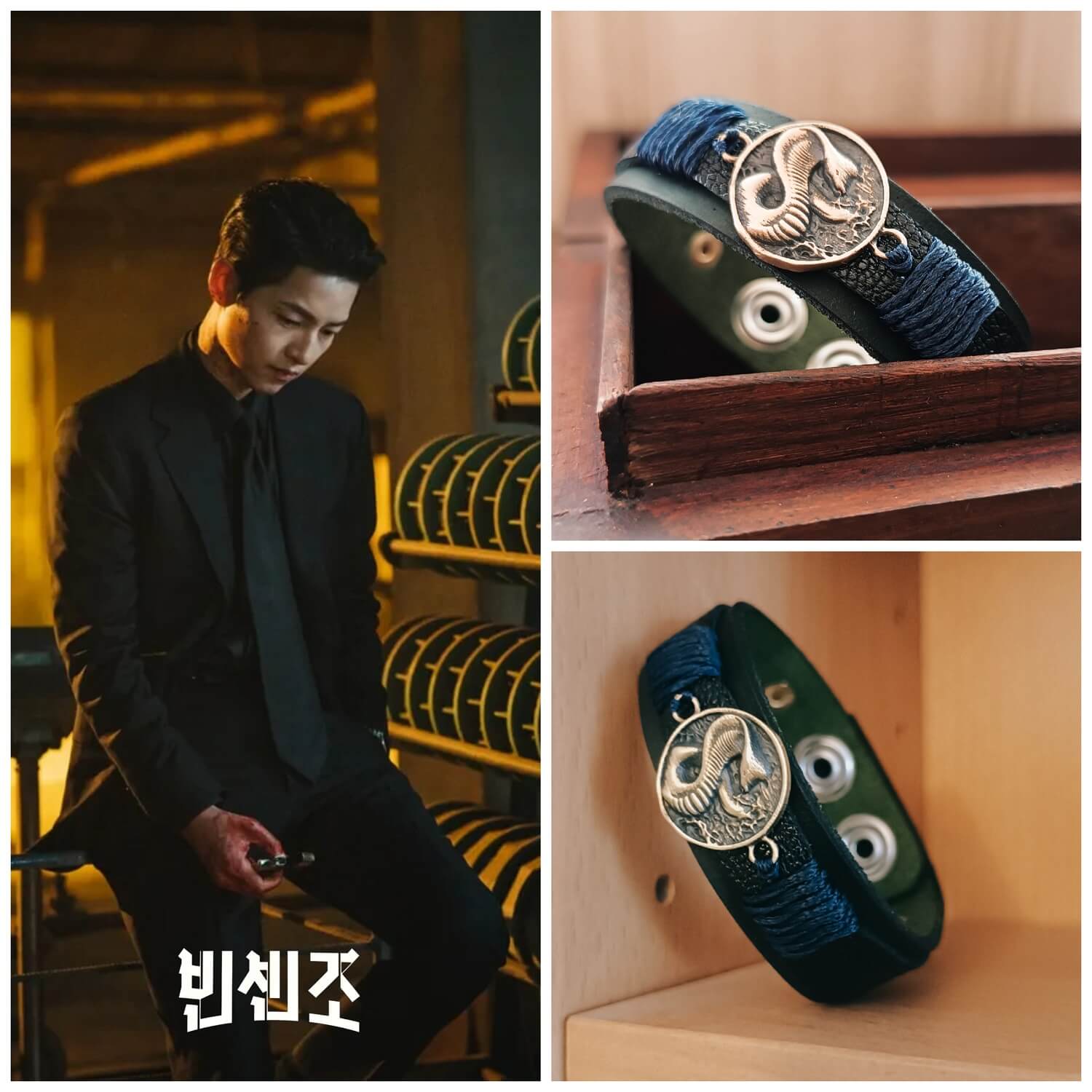 a 3-photo collage of 2 pics of a handmade leather bracelet featuring a cobra pendant, and Vincenzo Cassano as its inspiration