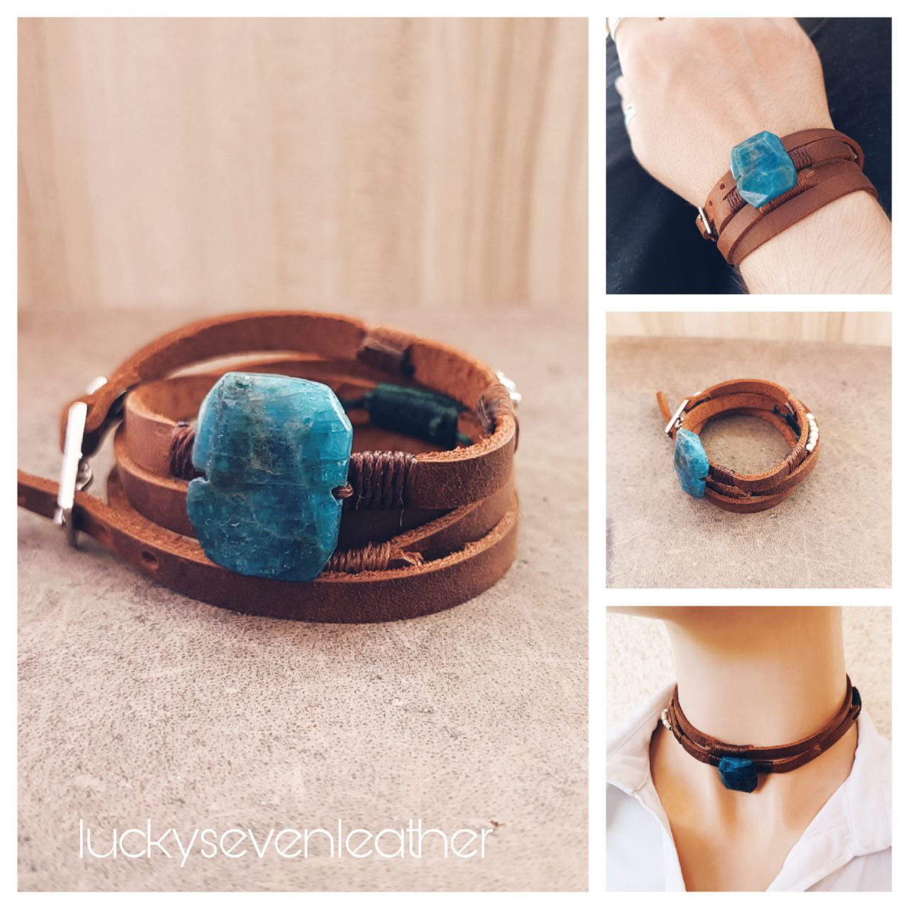 The Adapt Collection Featured Image: A collage showcasing a dark brown Crazy Horse leather bracelet with a raw apatite stone, transformed. It's shown wrapped as a bracelet, as a choker, laid flat, and a side view of its buckle closure.
