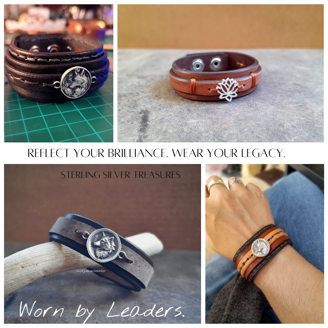 Featured Image of Sterling Silver Creations, with 4 pictures of handmade leather cuffs.