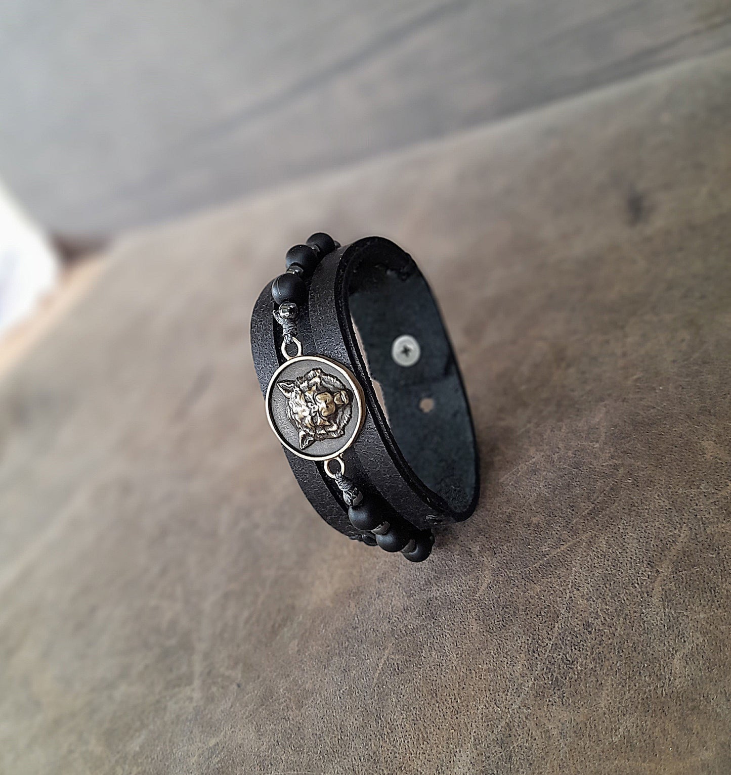 Black Leather Bracelet with Lone Wolf Pendant and Onyx