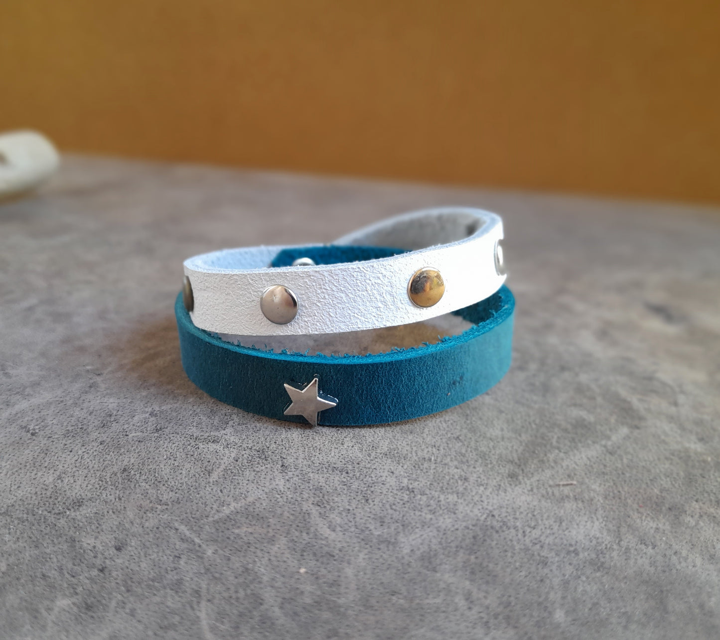 Unisex White Blue Wrap Leather Bracelet with Stud Rivets and Star