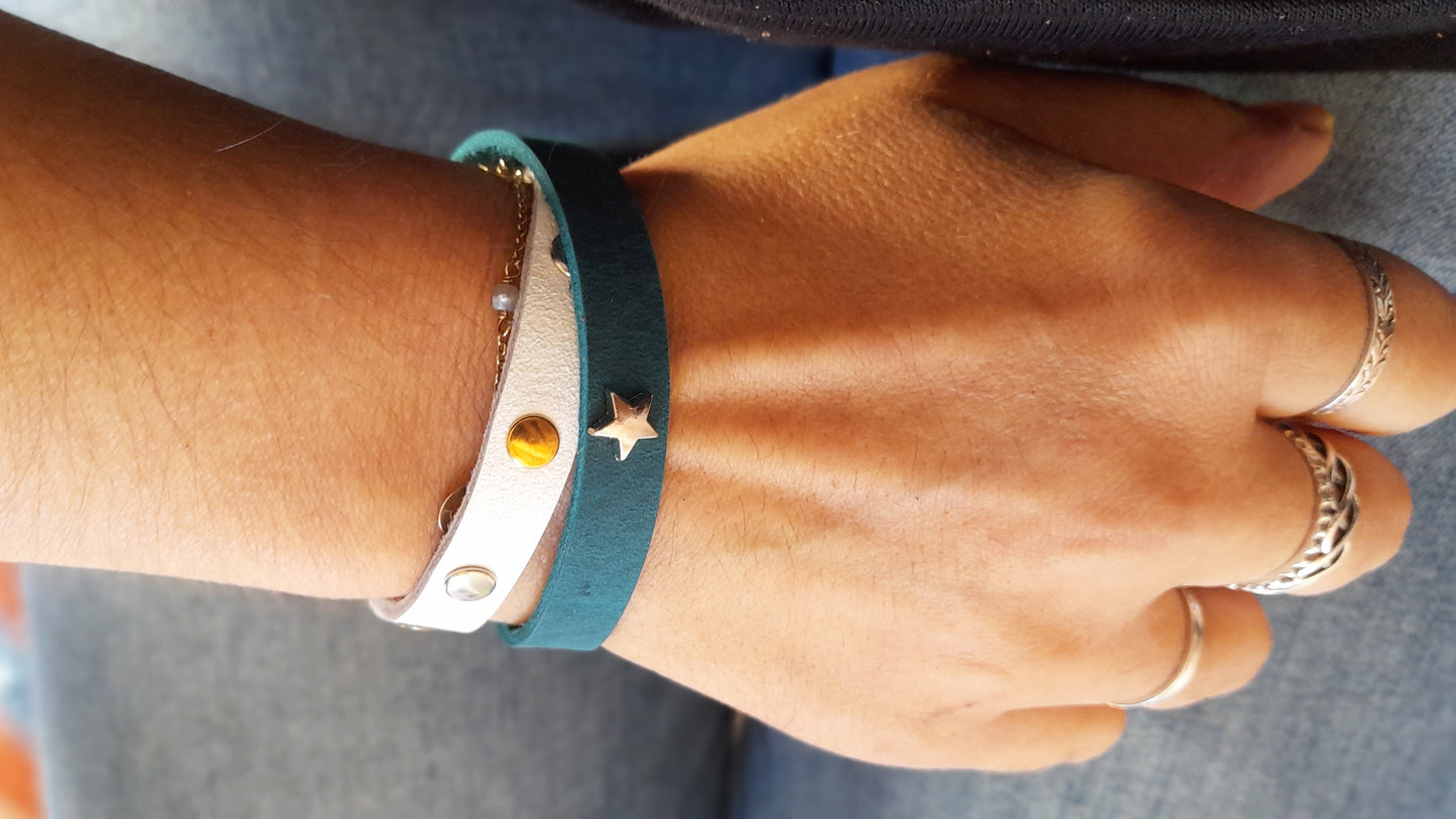 Unisex White Blue Wrap Leather Bracelet with Stud Rivets and Star