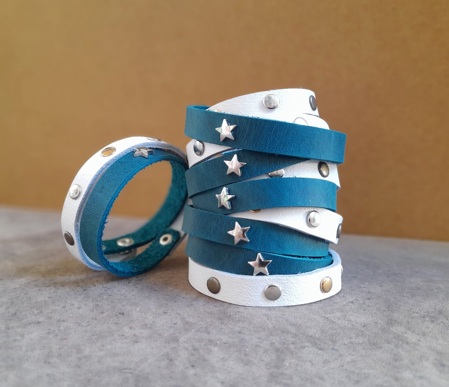 Unisex White Blue Wrap Leather Bracelet with Stud Rivets and Star