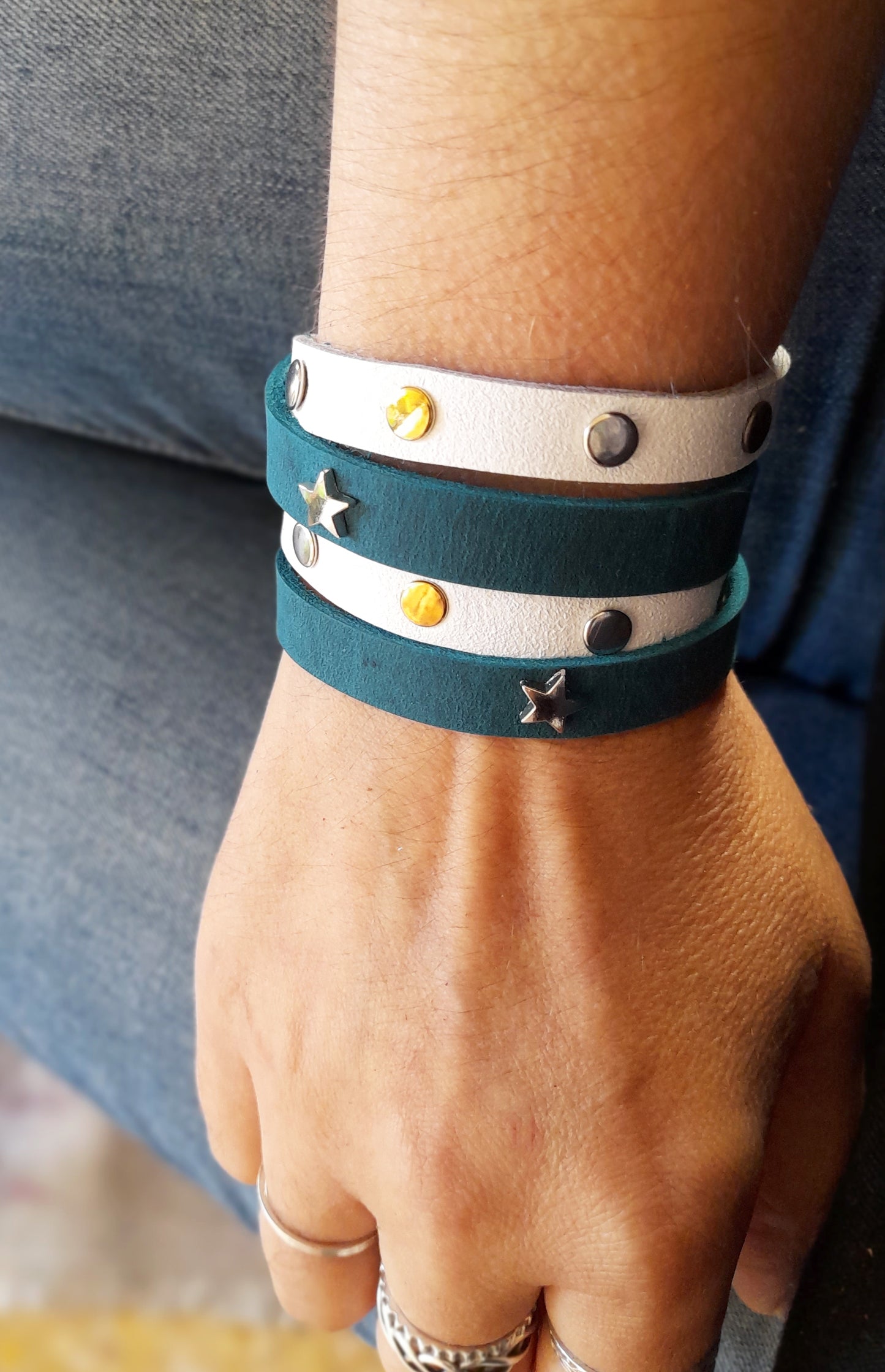 Unisex White Blue Wrap Leather Bracelet with Stud Rivets and Star