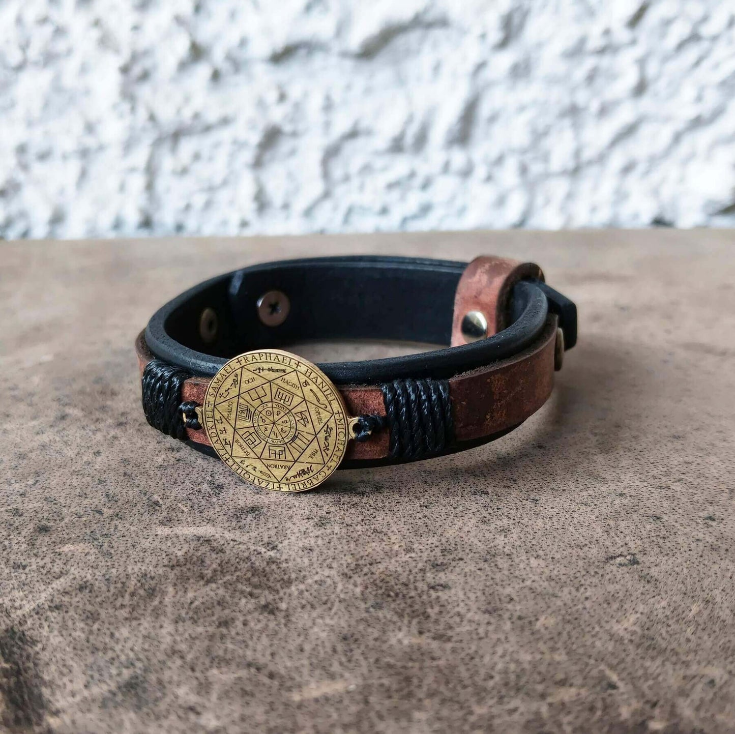 7 Archangels Seal Black and Brown Leather Bracelet Flat View