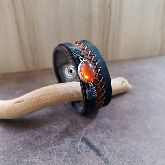 One-of-a-Kind (OOAK) leather cuff bracelet with natural Greek Amber stone set in sterling silver on a brown and black Crazy Horse leather base.