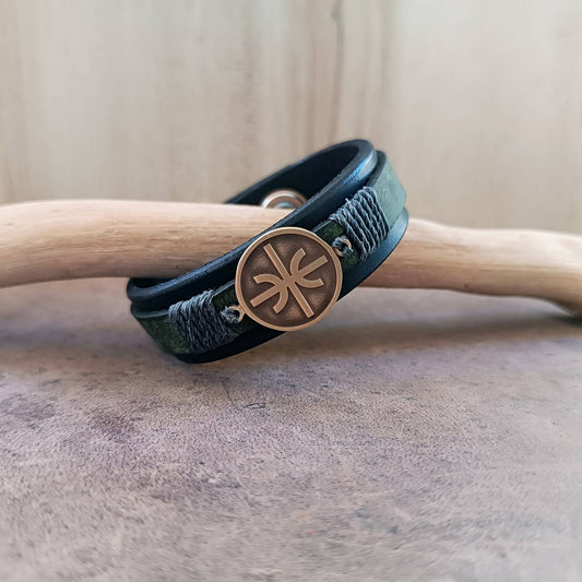 Black Green Layered Leather cuff Bracelet with Delphic Epsilon Pendant close up view