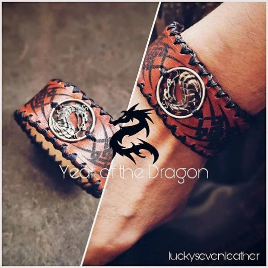 Dragon leather bracelet on wrist, Mortal Kombat fan gift style in a 2 photo collage