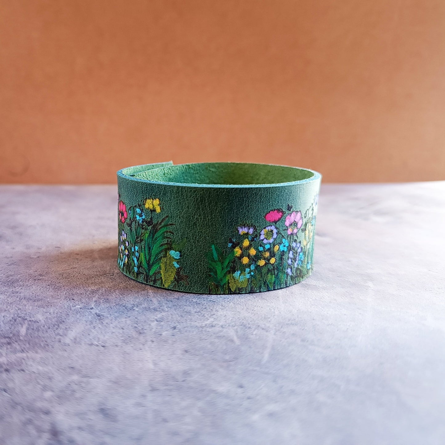 Mossy Green Floral Hand Painted Leather Cuff