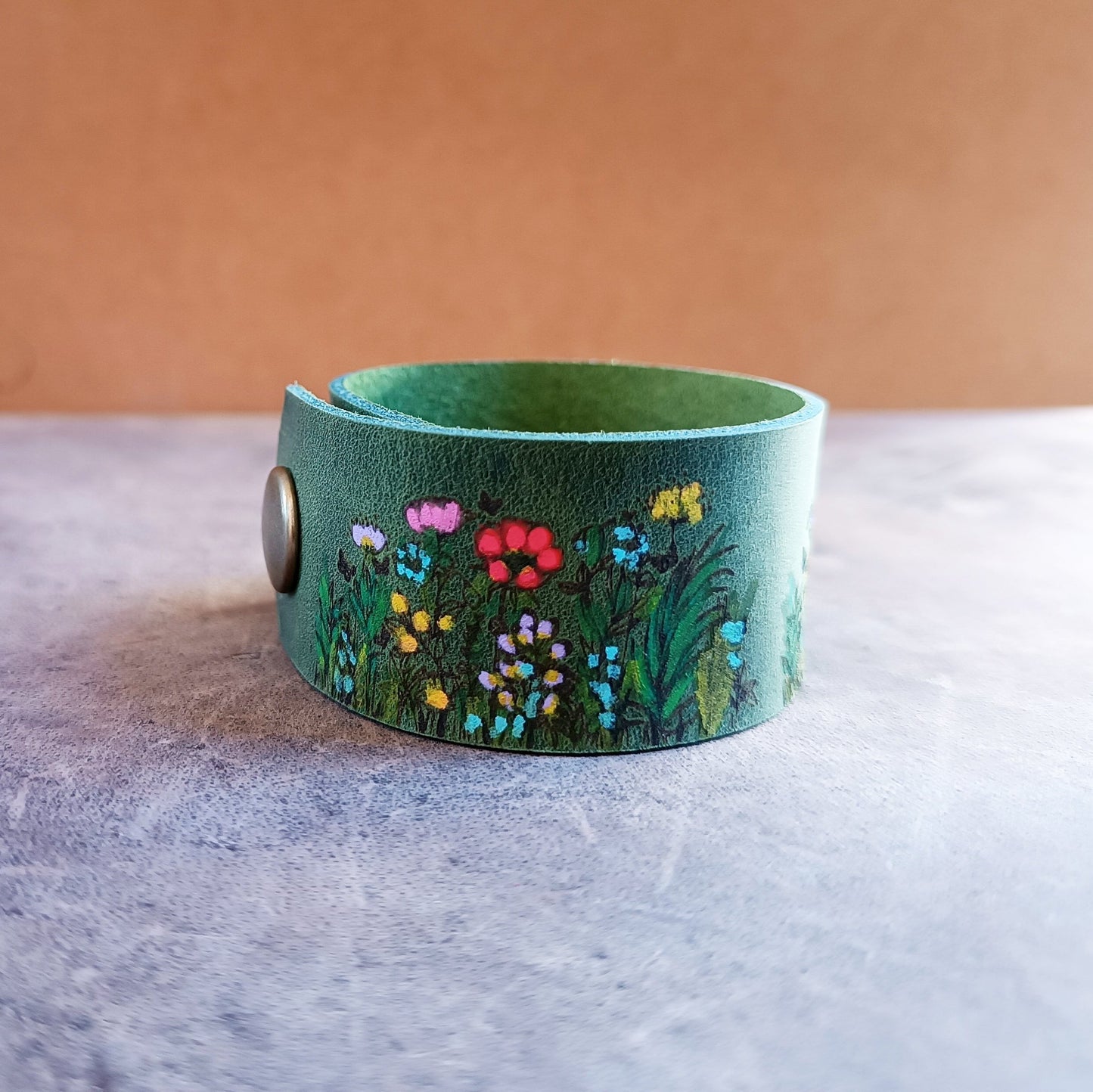 Mossy Green Floral Hand Painted Leather Cuff