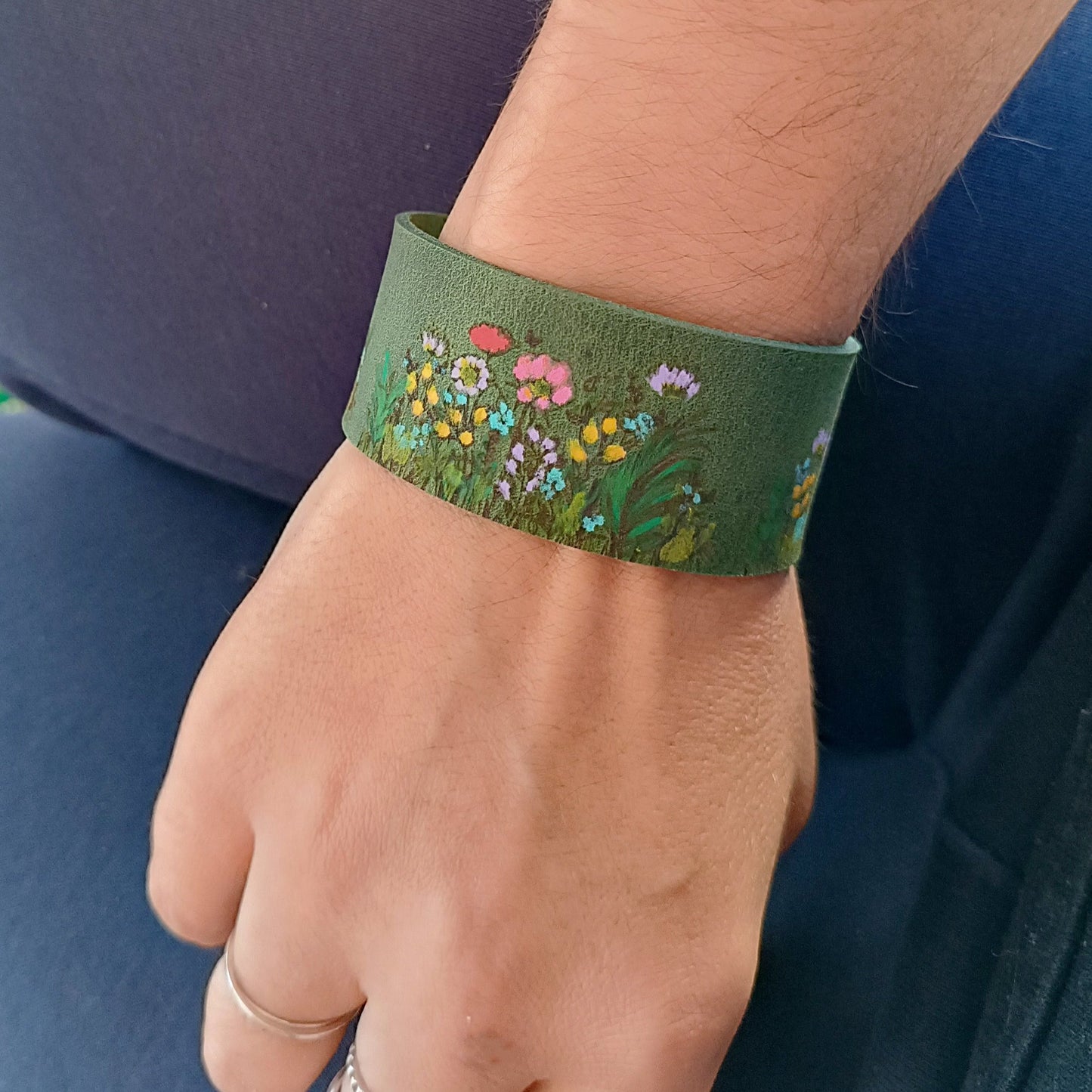 Mossy Green Floral Hand Painted Leather Cuff