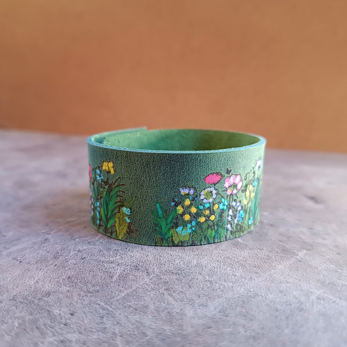 Mossy Green Floral Hand Painted Leather Cuff