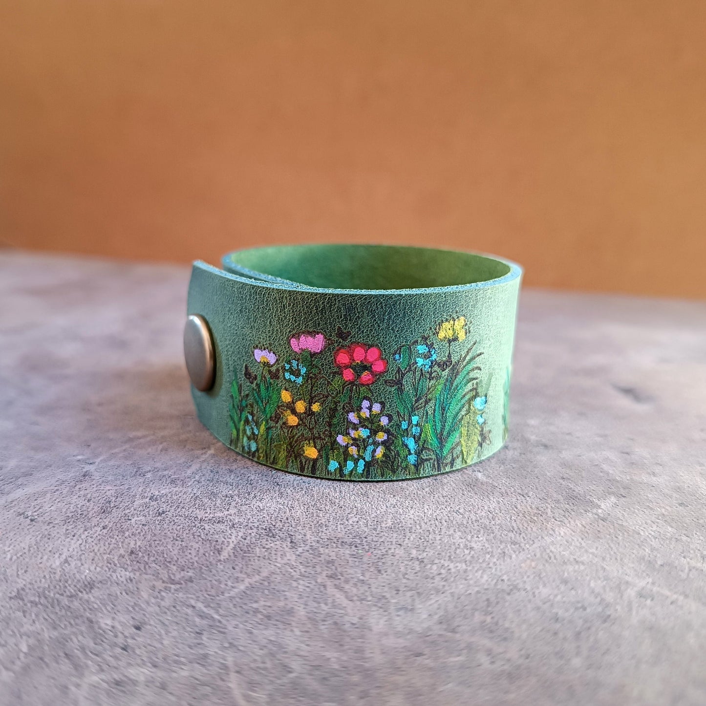 Mossy Green Floral Hand Painted Leather Cuff