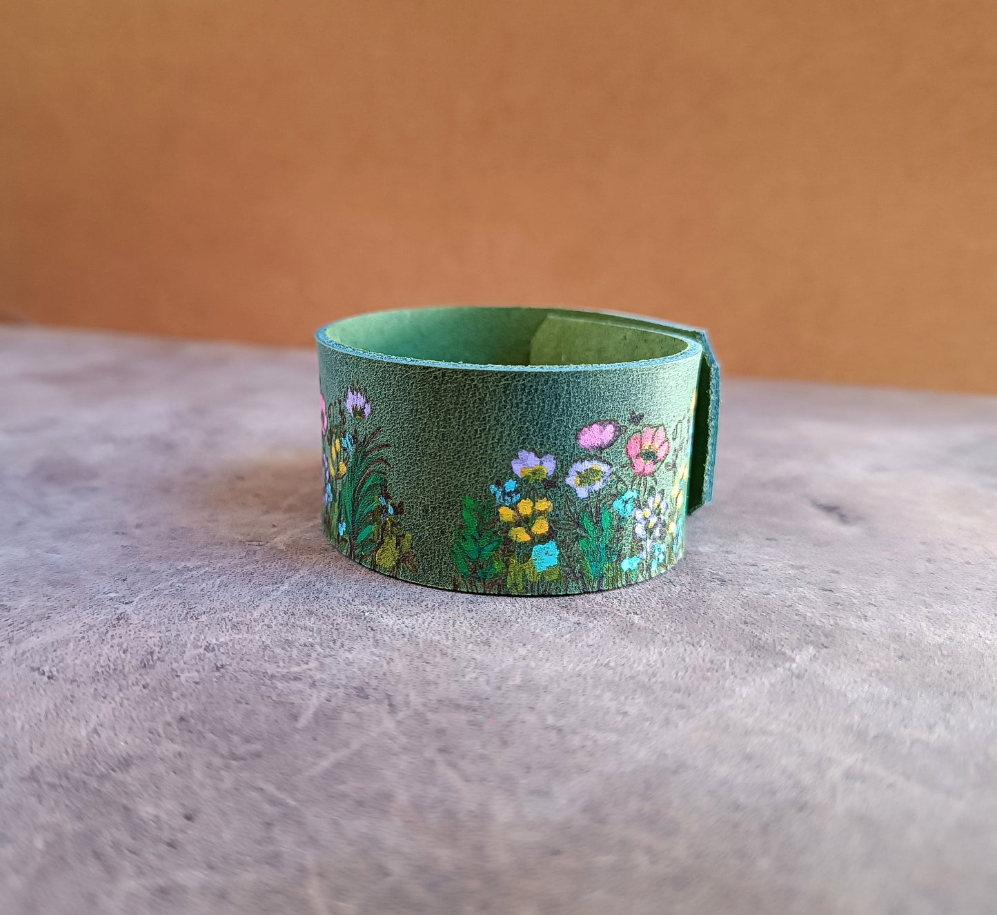 Mossy Green Floral Hand Painted Leather Cuff