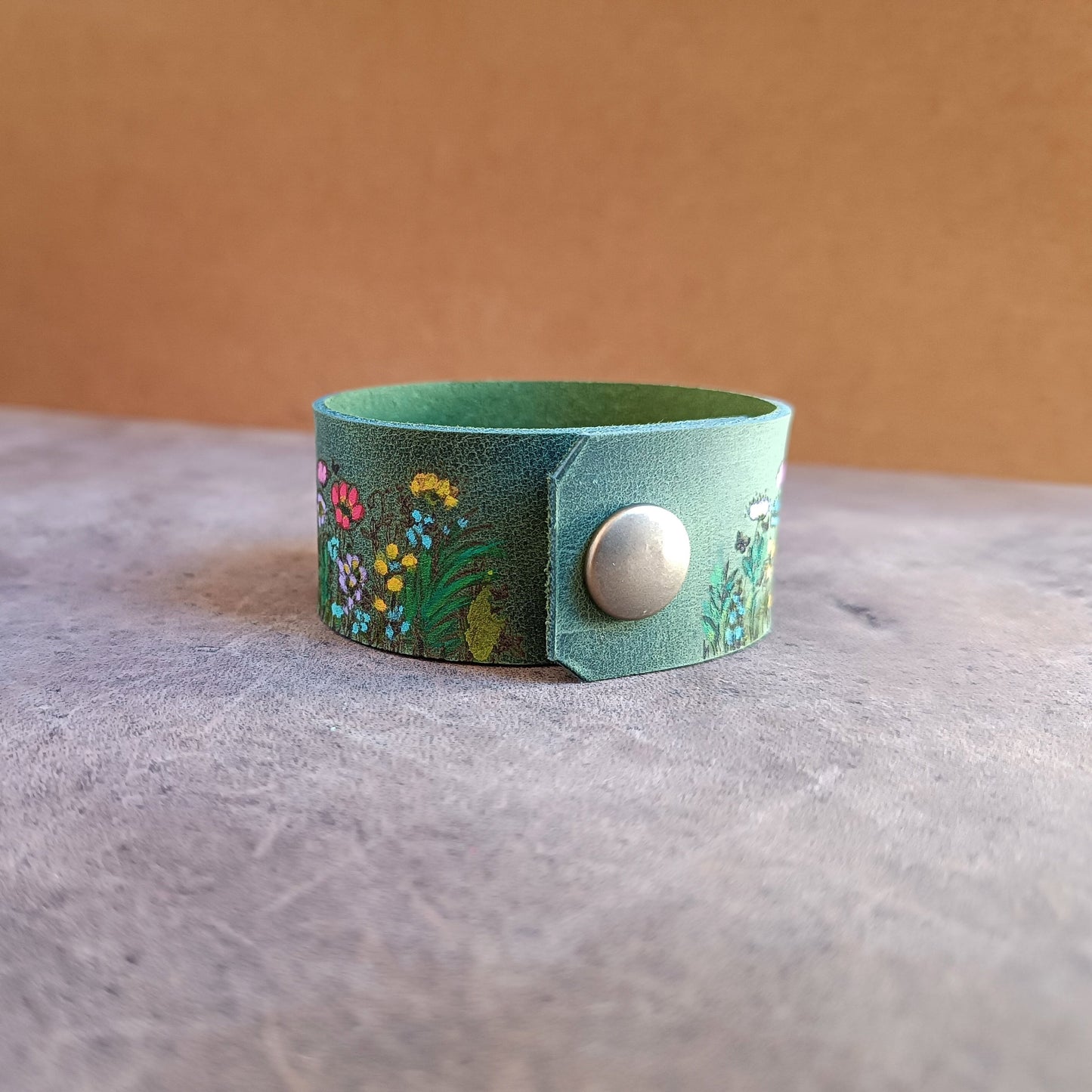 Mossy Green Floral Hand Painted Leather Cuff