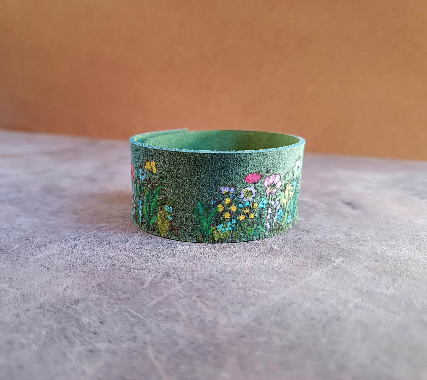 Mossy Green Floral Hand Painted Leather Cuff