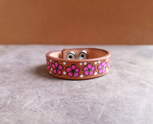 Hand Painted Sakura Flowers Leather Bracelet, Cherry Blossom Bangle