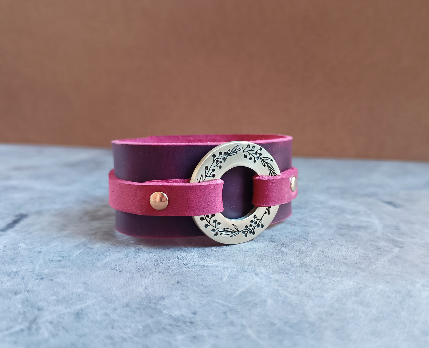 Red Leather Cuff with Engraved Laurel Wreath, Sisterhood Bracelet