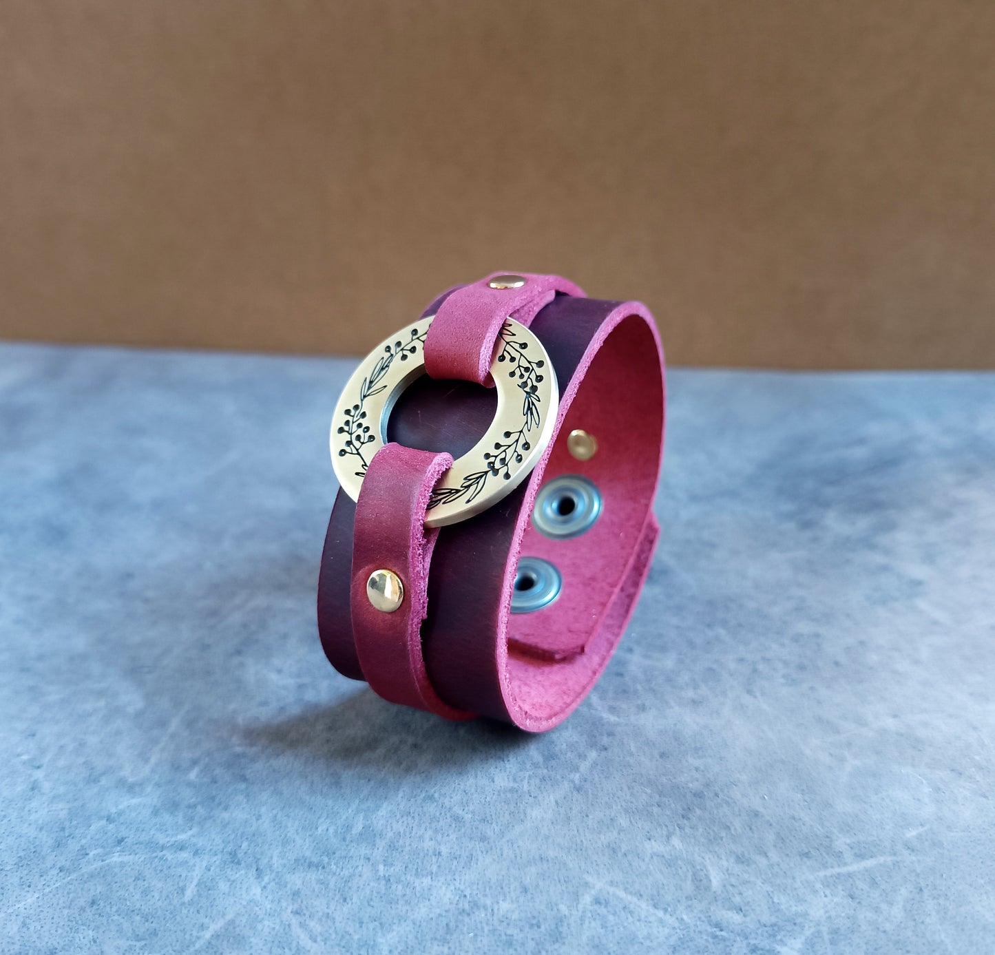 Red Leather Cuff with Engraved Laurel Wreath, Sisterhood Bracelet