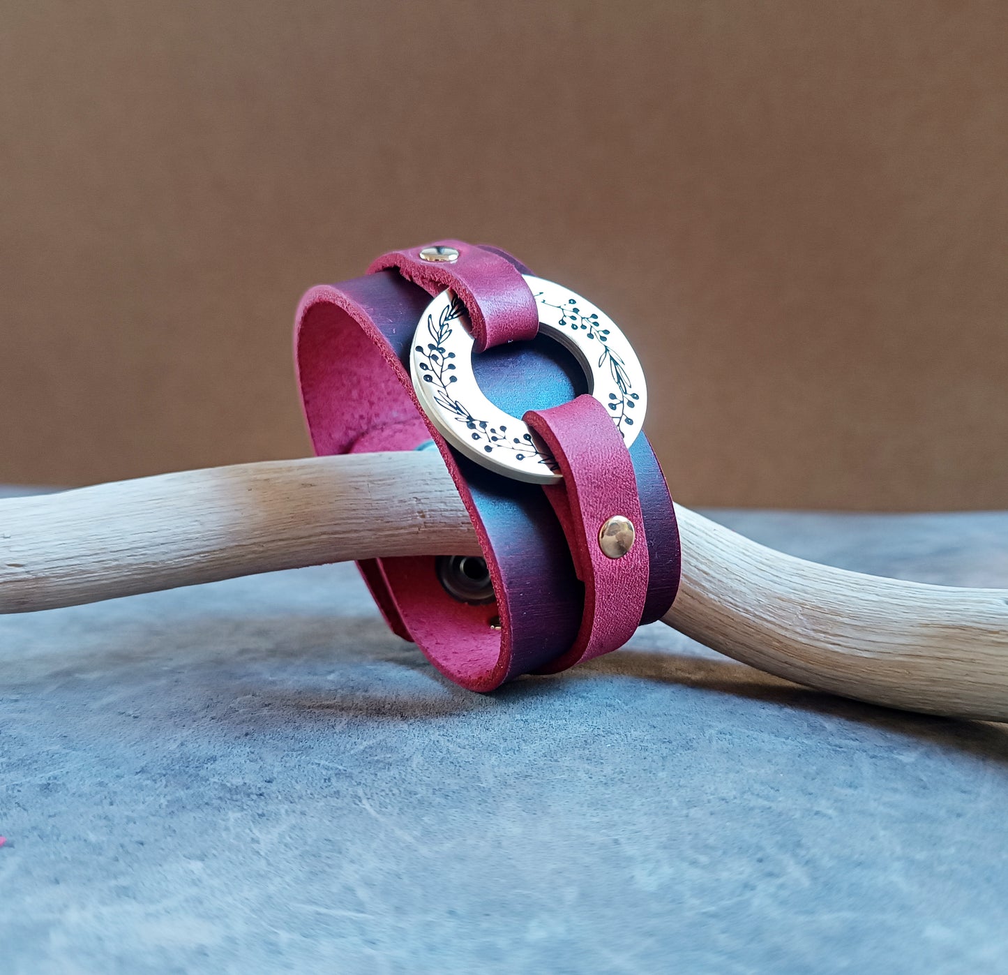 Red Leather Cuff with Engraved Laurel Wreath, Sisterhood Bracelet