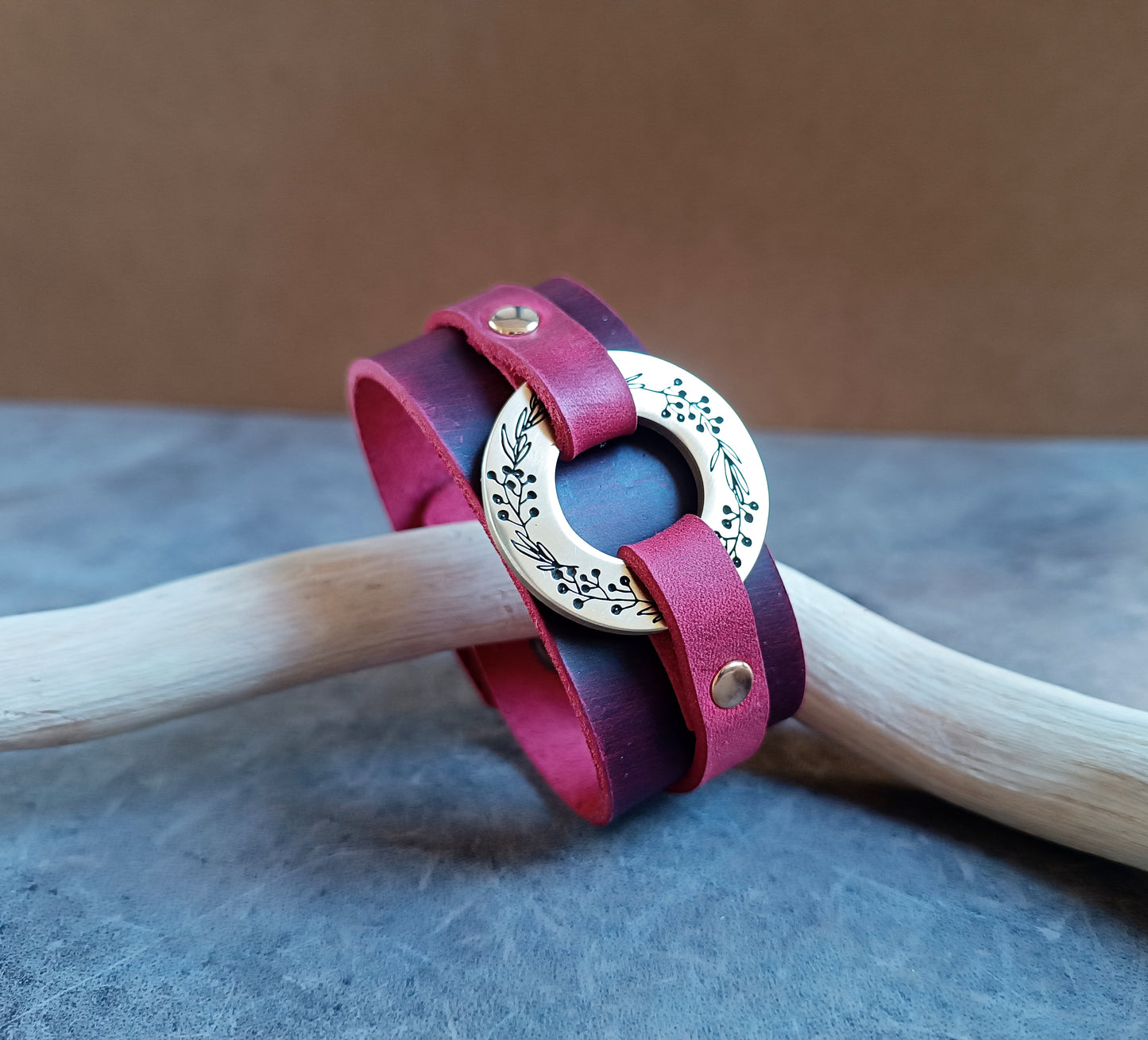 Red Leather Cuff with Engraved Laurel Wreath, Sisterhood Bracelet